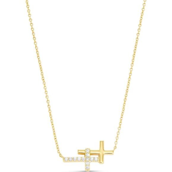 14K Gold Plated Cross Necklace for Women Gold - Sideways - Picture 1 of 6